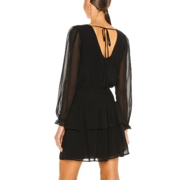 1.STATE (Revolve) RICH BLACK SMOCKED LONG SLEEVE RUFFLE MINI SWIRL DRESS XS - Picture 9 of 13